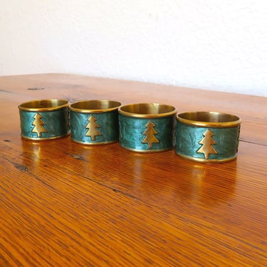 Vintage Brass and Enamel Napkin Rings Set of 4 Tree Outline Christmas 