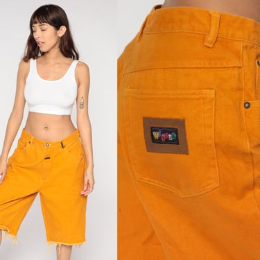 Orange Denim Shorts 90s Wicked High Waisted Shorts Grunge Raw Edge Jean Shorts Knee Length Bermuda Shorts Streetwear Vintage 1990s Large 34 