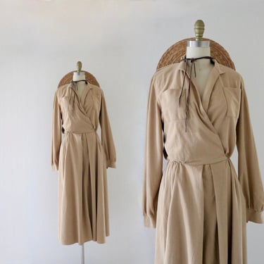 70s golden wrap top dress - s - vintage 60s 70s womens tan brown minimal boho size small long sleeve beige with pockets 