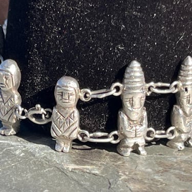 Vintage 800 Silver Tribal Link Bracelet with Diety and Figural Villagers - 40 Grams 