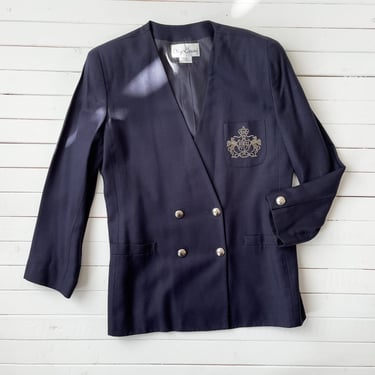 dark academia jacket | 80s vintage Oleg Cassini navy blue embroidered pegasus winged horse crest blazer 