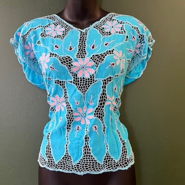 turquoise bali cutwork blouse 1980s aqua and pink floral lace mesh top large 