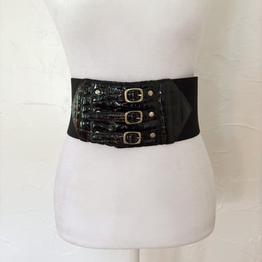 80s/90s bebe Multi Buckle Ultra Wide Black Stretchy Waist Belt with Faux Pleather Snakeskin | Medium/Large 