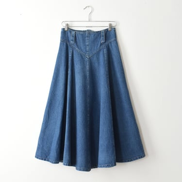 vintage full denim skirt, blue jean midi skirt, size m 