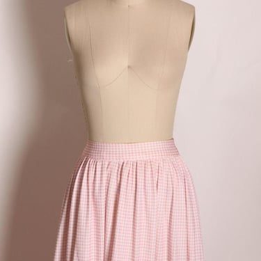 1970s Pink and White Gingham Polyester Floor Length Lace Trim Prairie Cottagecore Skirt 