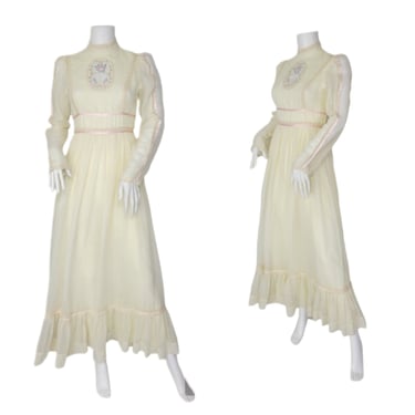 1970's Ivory Long Gauze Maxi Dress I Sz Sm I Lace Inset I Keyhole I Probable Gunne 