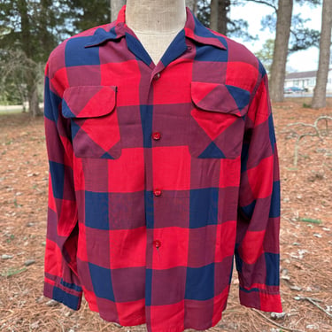 1950s Imperial Red and Navy Blue Gabardine Shirt - Rockabilly Western Style Pearlized Buttons, Classic Casual Look 