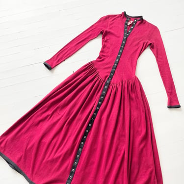 1980s Betsey Johnson Punk Label Burgundy Cotton Dress with Full Skirt 