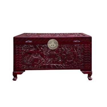 Oriental Chinese Burgundy Phoenix Dragon Carving Camphor Trunk Table cs7528E 