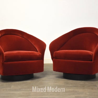 Adrian Pearsall Red Mohair Swivel Lounge Chairs - A Pair 