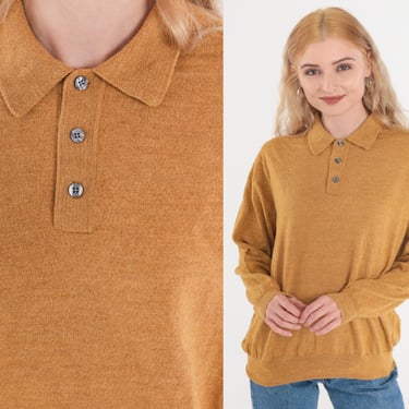 Camel Sweater Top Y2k Knit Polo Shirt Merino Wool Long Sleeve Retro Neutral Basic Simple Plain Collared Button Up Tan Vintage 00s Medium 