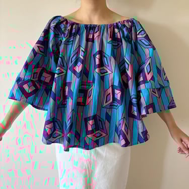 vintage blouse vintage shirt vintage top cotton blue pink purple ruffle geometrical 90s retro vintage style hippie boho peasant blouse 
