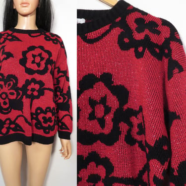 Vintage 80s Red Floral Sparkle Sweater Made In USA Size L 