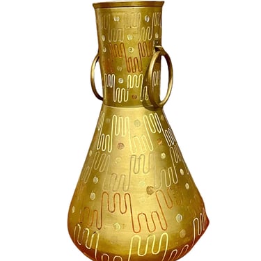 Vintage Indian Solid Brass Modernist Vase with Etched Design 