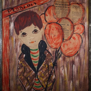 Mid Century Modern Francois of Paris Signed Big Eye Boy Mixed Media Framed 1960s 