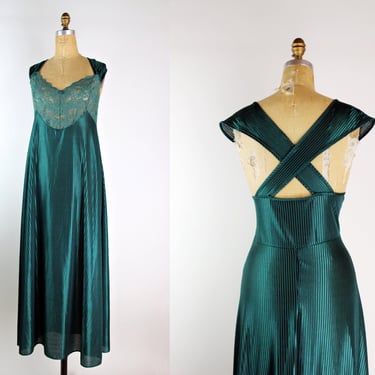 80s Dark Green Lace Slip Dress / 1980s Green Slip Dress / Vintage Lingerie/ Size XL/XXL / Plus Size 