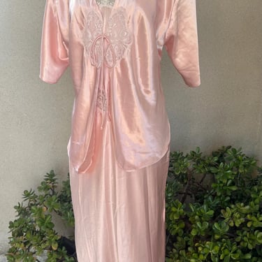 Vintage 80s pink satin lingerie set negligee long nightgown with short jacket duster Sz M by California Dynasty NWT. 