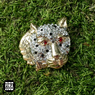 Sassy Vintage Gold Rhinestone Leopard Head Brooch with Red Eyes 