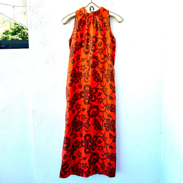 Vintage 60s Hawaiian Floral Dress // 1960s Hawaii  Muumuu Orange Mod Cowl Swing Dress 