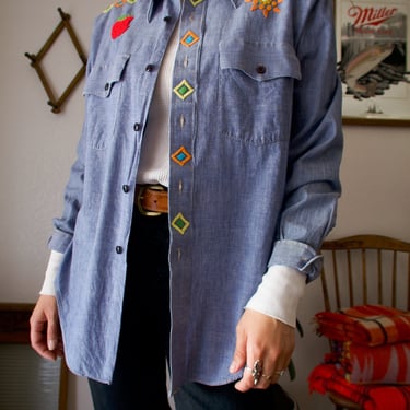 Vintage 70's Cascade Embroidered Pointed Collar Button-up Chambray Oxford Top 