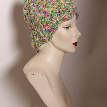 1970s Multi Colored Bright Green and Pink Handmade Crochet Winter Stocking Cap Hat 