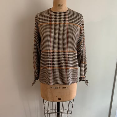Vintage 1980s Perry Ellis dolman sleeve silk and wool houndstooth blouse-size M/L (marked 12) 