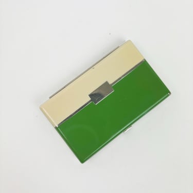 Vintage 30s 40s Mirrored Compact Art Deco Enamel Green and White by Lenthéric 