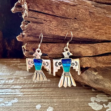 TRIPLE THUNDERBIRD Lapis, Turquoise, Blue Opal Earrings | Dangle Bird Earrings | Southwestern Navajo Style Jewelry 