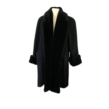 Vintage Penny Lane Steve Searle Wool Car Coat Overcoat Oversized Woman Fur Trim Shawl Collar 80s Size 6 