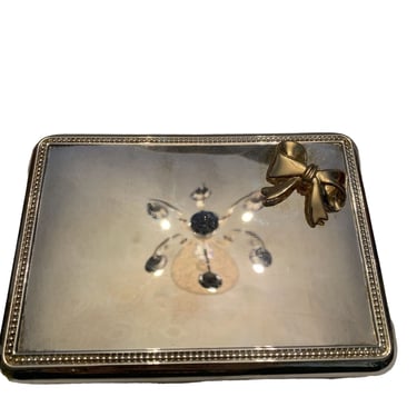 Vtg Silver Plate Jewelry Box With Golden Bow Velvet Lining 