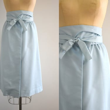 1980s Halston V Ice Blue Faux Silk Wrap Skirt and Tie Belt 