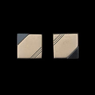 1960s Gold Tone and Black Square Cuff Links by Swank | 60s Vintage Stripe Engraved Cufflinks w/ Black Glass Corner 