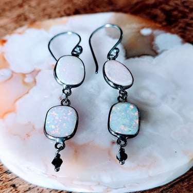 Sterling & Opal Dangle Earrings~Opalescent Stone~Oxidized Sterling 