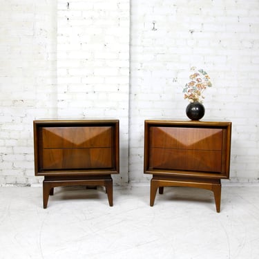 Vintage pair of MCM end tables / nightstands with diamond fronts by United Furniture Corp. | Free delivery in NYC and Hudson Valley areas 