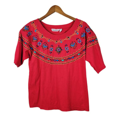 Vintage Beaded Aztec T-Shirt Size Medium Embroidered Art to Wear Southwest Red 