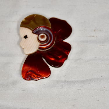 Vintage Lea Stein Art Deco Flower Petal French Flapper Lady Bust Brooch Pin Gift for Her Collectible RARE Artist Signed Made In France 