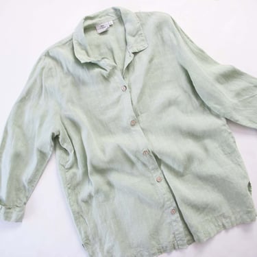 90s Linen Baggy Button Up Shirt Mint Green Large - Vintage Hot Cotton Long Sleeve Relaxed Fit Blouse 