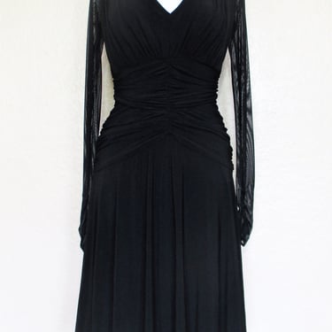 Vintage 1990s Tadashi Black Cocktail Dress, Small Women, Illusion Back & Long Sleeves, Ruched 