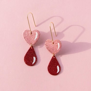 Bleeding Heart Glitter Earrings - Valentine Earrings Made w/ Reclaimed Leather 