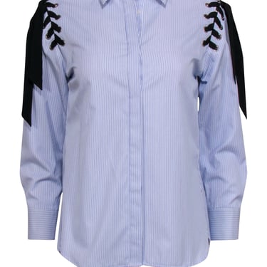 Sandro - Blue & White Pinstriped Button-Up Blouse w/ Lace-Up Shoulders Sz S