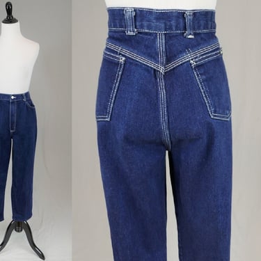80s Hunter's Glen Jeans - 31 waist - Dark Blue Denim w/ White Stitching - High Waisted - Vintage 1980s - Hemmed Short 27