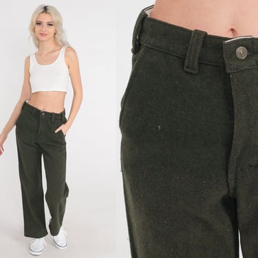 Wool Blend Trousers Olive Green Pants 80s Straight Leg Trousers High Waisted 1980s Vintage Small 28 