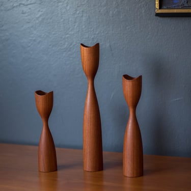 Set of Three Sculptural Teak Mid-Century Modern Candlestick Holders 