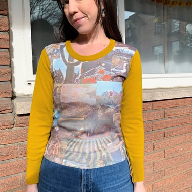 70s photo collage printed mustard sweater 