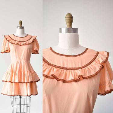 1970s Peach Square Dancing Dress / Orange Western Style Dress / Orange Square Dance Dress / Vintage Square Dance Dress with Ruffles 