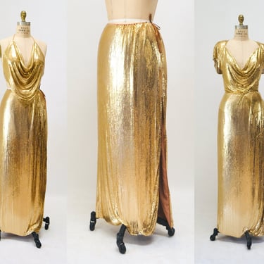 70s 80s Vintage Long Gold Metal Mesh Skirt By Whiting & Davis Medium Gold Metallic Chainmail Long Gold Skirt Whiting and Davis Gold Metal 