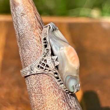 Antique Blister Pearl Sterling Silver Filigree Ring Art Nouveau Era Handmade Arts And Crafts 1890s 1900s 