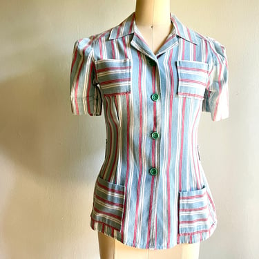 Vintage 1940s Striped Cotton Playclothes Sportswear Blouse Top Shirt 