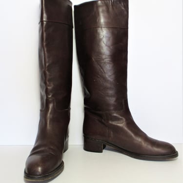 Vintage 90s Sesto Meucci Knee High Riding Boots, Sz 8 1/2B Women, Dark Brown Leather 