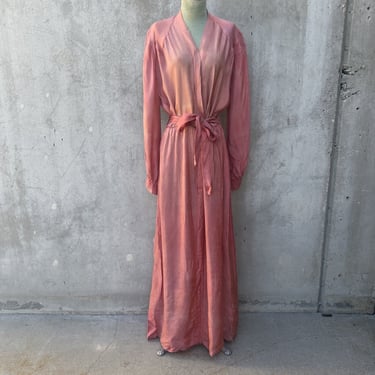 Vintage 1930s Pink Rayon Zip Up Dress Gown Full Length Bow Belt Bubblegum